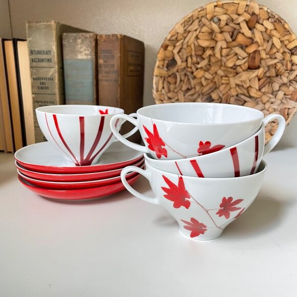 Mikasa Pure Red Flat Cup and Saucer Set Service for Four Porcelain SL 134 - Picture 3 of 5